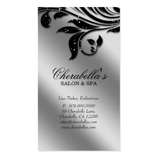 Salon Business Card Elegant Black Silver Sparkle (front side)