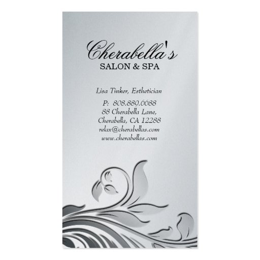 Salon Business Card Elegant Floral Silver (front side)
