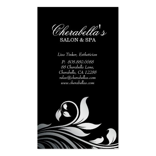 Salon Business Card Elegant Floral Silver Black (front side)