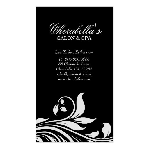 Salon Business Card Elegant Floral White Black (front side)