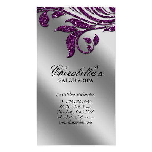 Salon Business Card Elegant Purple Silver Sparkle (front side)