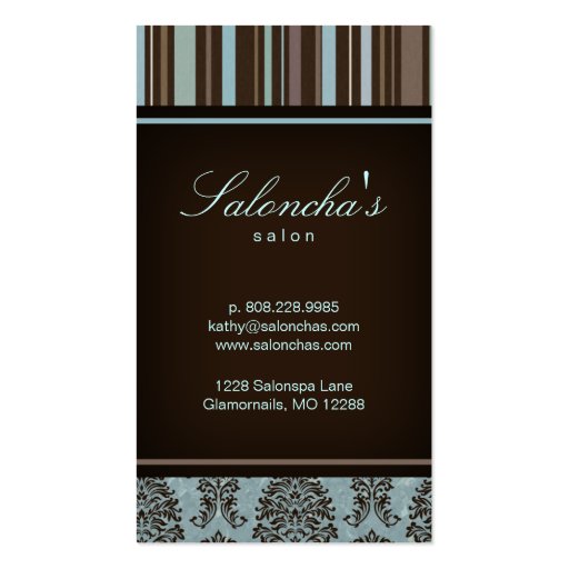 Salon Business Card spa damask stripes blue brown (back side)