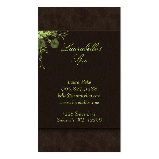Salon Business Card Spa Flowers Green Brown (back side)