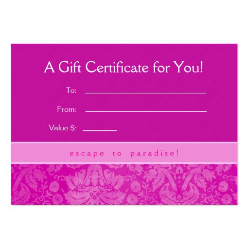 Salon Gift Card Certificate Spa Pink Damask Business Card Templates (back side)