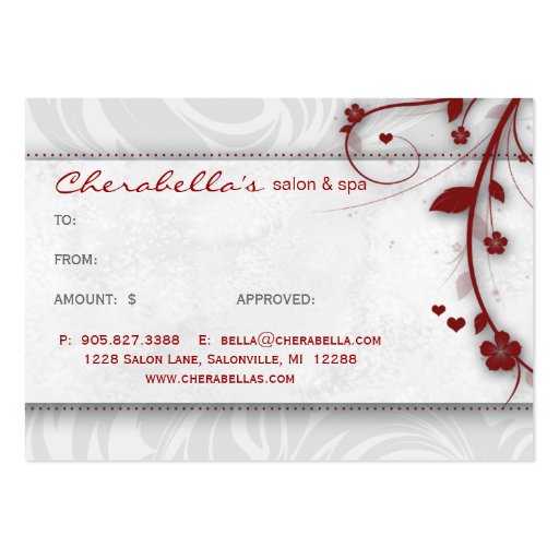Salon Gift Card Spa Flower Floral Red Hearts Business Card Template (back side)