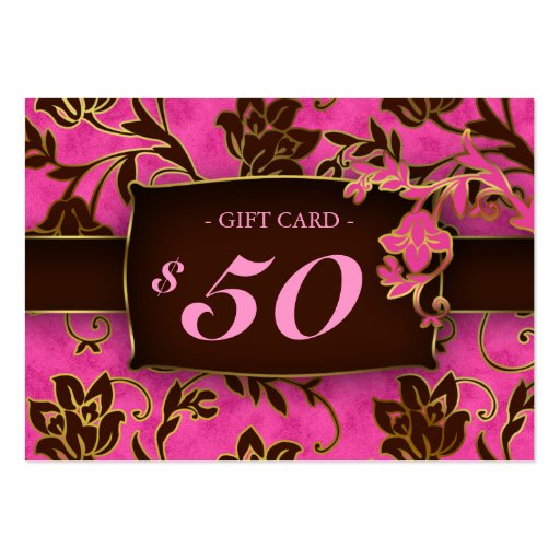 Salon Gift Card Spa Gold Floral Pink Brown $50 Business Card Templates (front side)