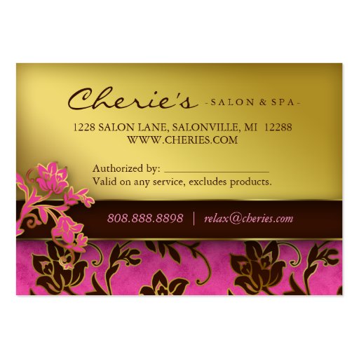 Salon Gift Card Spa Gold Floral Pink Brown $50 Business Card Templates (back side)