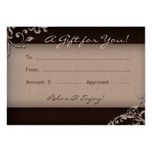 Salon Gift Card Spa Linen Floral Brown Beige Business Card Template (front side)