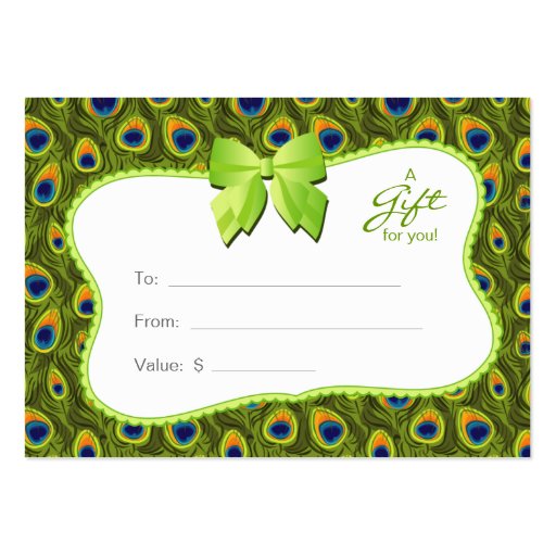 Salon Gift Card Spa Valentine's Day Peacock Animal Business Cards (front side)
