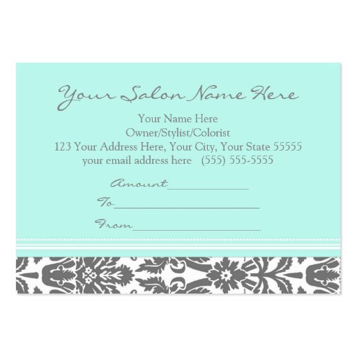 Salon Gift Certificate Aqua Grey Damask Business Card Template (back side)