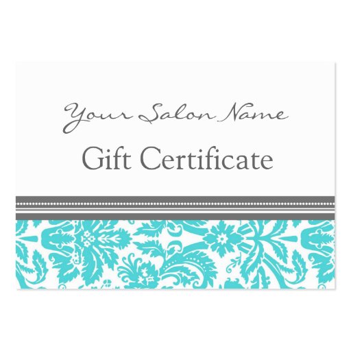 Salon Gift Certificate Aqua Grey Damask Business Cards (front side)