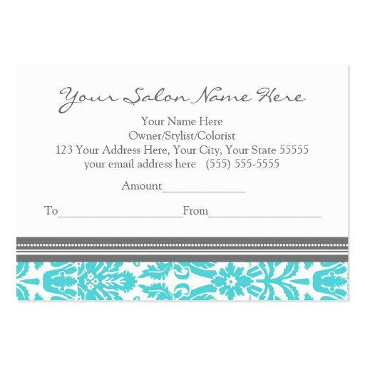 Salon Gift Certificate Aqua Grey Damask Business Cards (back side)