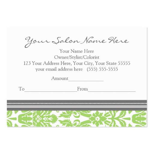 Salon Gift Certificate Lime Grey Damask Business Card (back side)