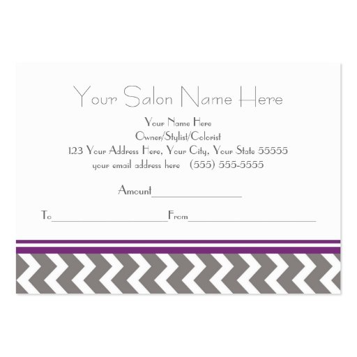 Salon Gift Certificate Purple Grey Chevron Business Card Templates (back side)