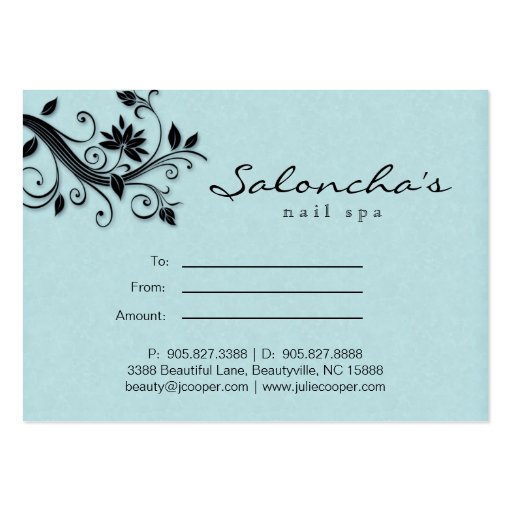 Salon Gift Certificate Spa Floral Blue Black Business Cards (back side)