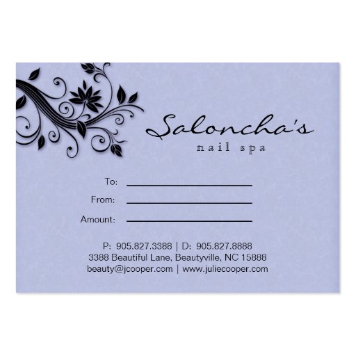 Salon Gift Certificate Spa Floral Purple Black Business Card Template (back side)
