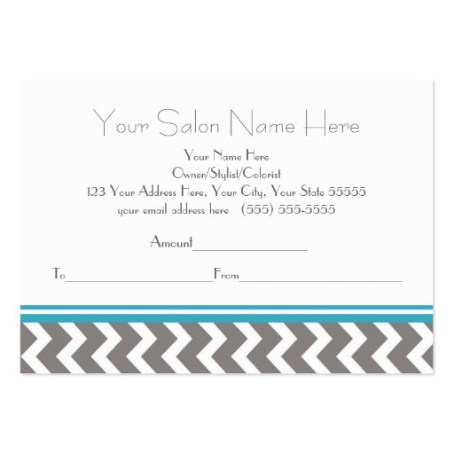 Salon Gift Certificate Teal Grey Chevron Business Card Template (back side)