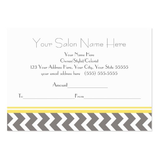 Salon Gift Certificate Yellow Grey Chevron Business Card Template (back side)