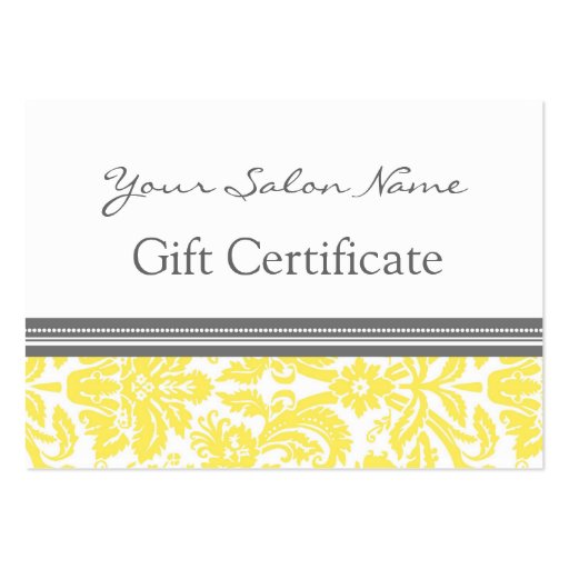 Salon Gift Certificate Yellow Grey Damask Business Card Templates (front side)