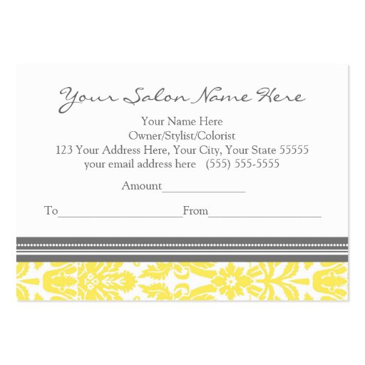 Salon Gift Certificate Yellow Grey Damask Business Card Templates (back side)