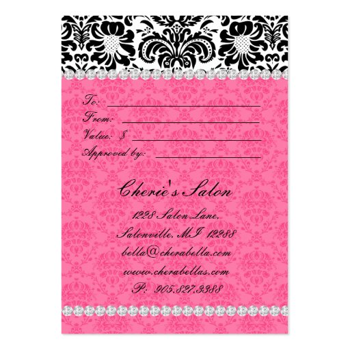 Salon Jewelry Gift Card Bow Floral Damask Pink Business Card Templates (back side)