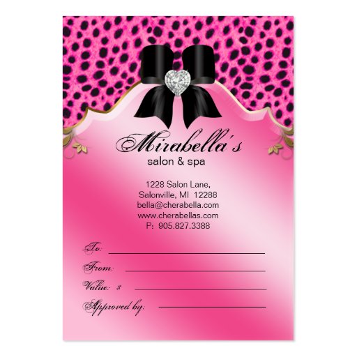 Salon Jewelry Gift Certificate Leopard Pink Bow Business Card (back side)