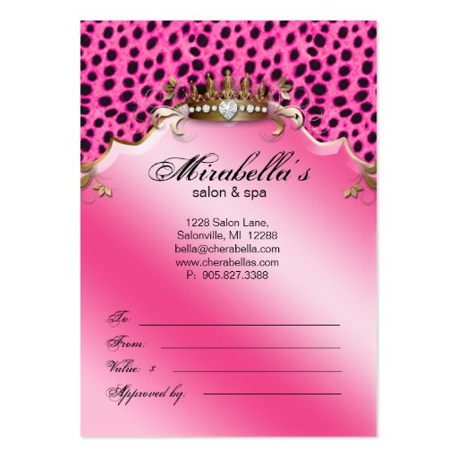 Salon Jewelry Gift Certificate Leopard Pink Crown Business Card Template (back side)