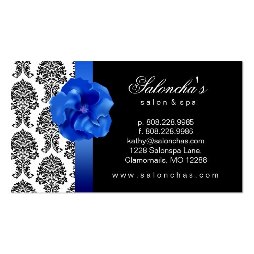 Salon Spa Business Card black blue floral damask (back side)