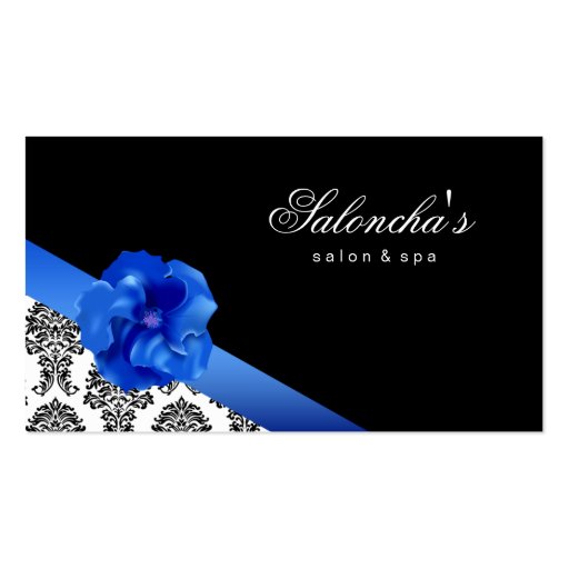 Salon Spa Business Card black blue floral damask (front side)