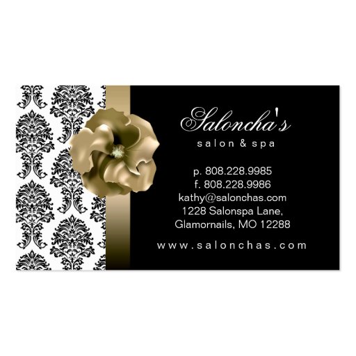 Salon Spa Business Card black gold floral damask (back side)