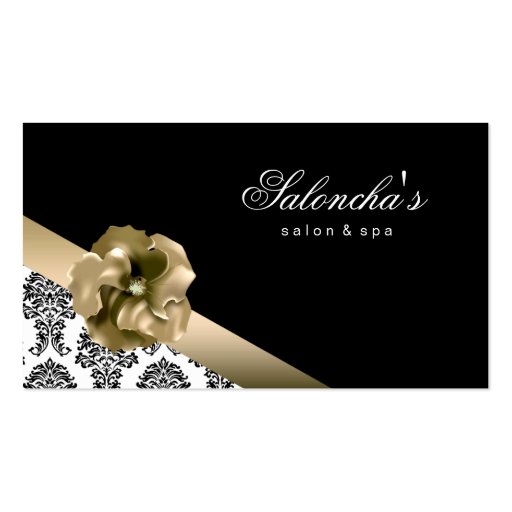 Salon Spa Business Card black gold floral damask (front side)