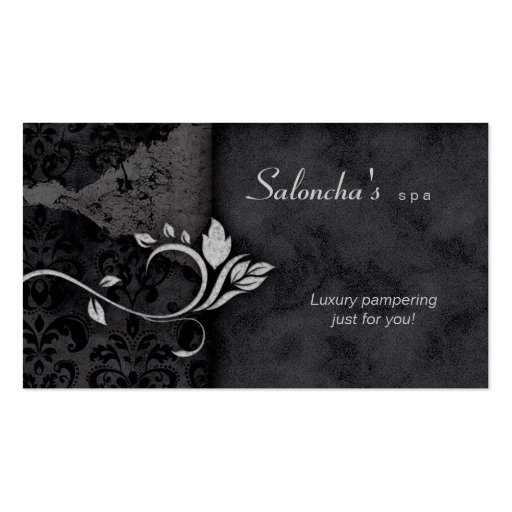 Salon Spa Business Card black gray aged damask (front side)