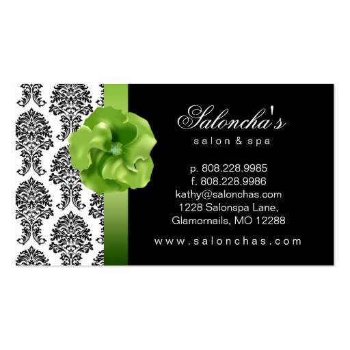 Salon Spa Business Card black green floral damask (back side)