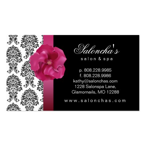 Salon Spa Business Card black pink floral damask (back side)