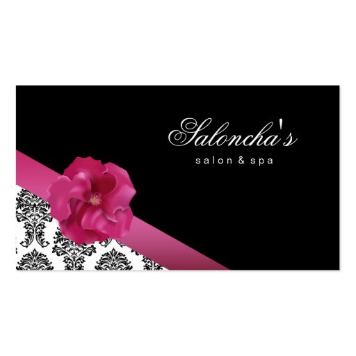 Salon Spa Business Card black pink floral damask (front side)