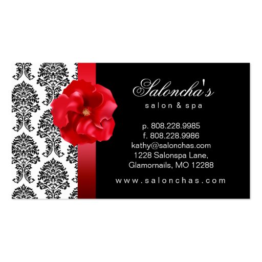 Salon Spa Business Card black red floral damask (back side)