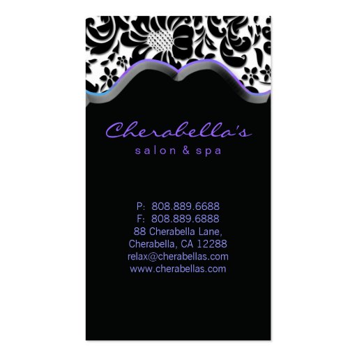Salon Spa Business Card Blue Purple Damask (back side)