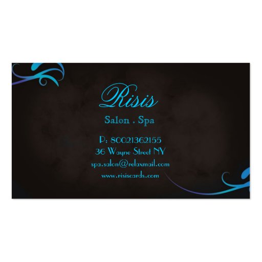 Salon Spa Business Card Blue Turquoise on Black (back side)
