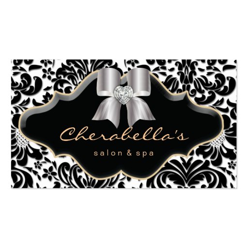 Salon Spa Business Card Gold Jewel Bow Damask (front side)