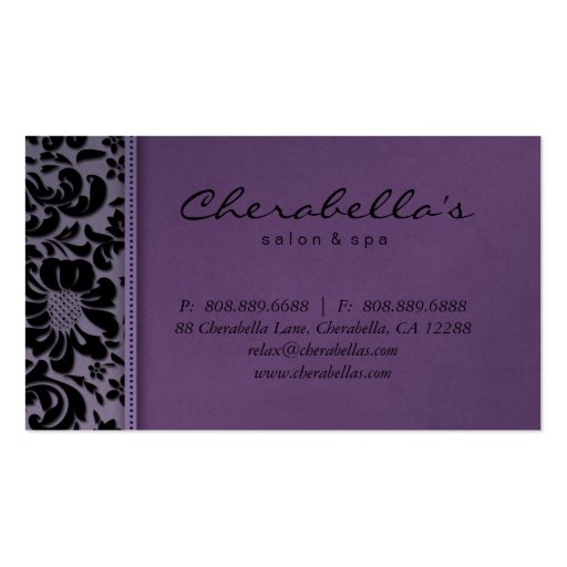 Salon Spa Business Card Purple Damask Floral (back side)