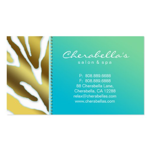 Salon Spa Business Card Retro Zebra Blue Gold (back side)