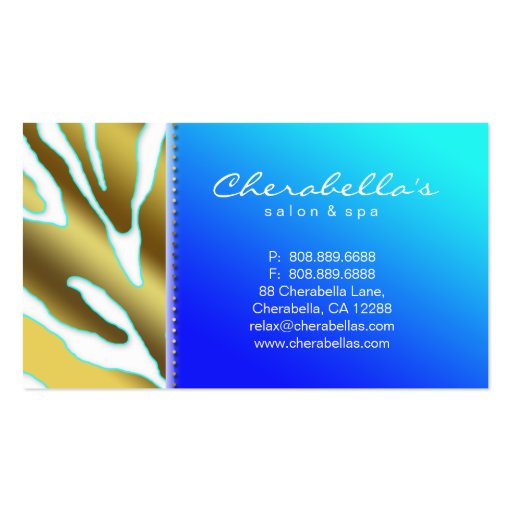 Salon Spa Business Card Retro Zebra Sea Blue Gold (back side)