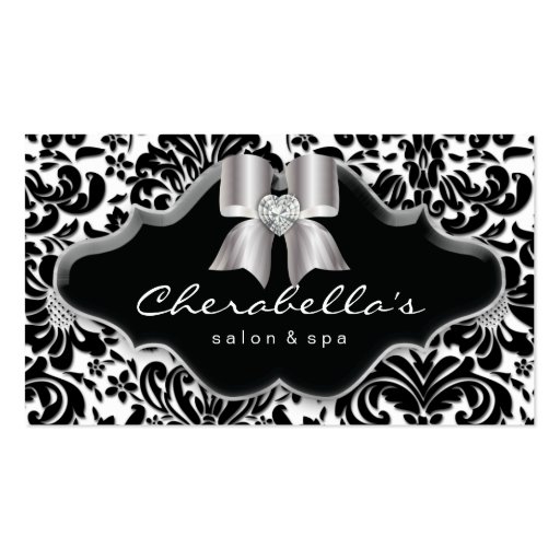 Salon Spa Business Card Silver Bow Jewel Damask (front side)