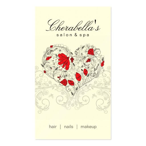Salon Spa Floral Heart Red Cream Business Card Template (front side)