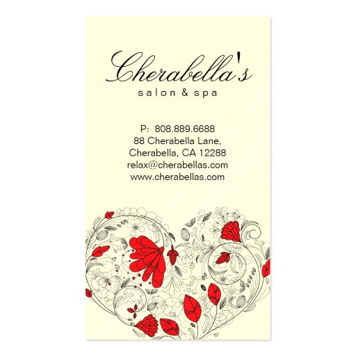Salon Spa Floral Heart Red Cream Business Card Template (back side)
