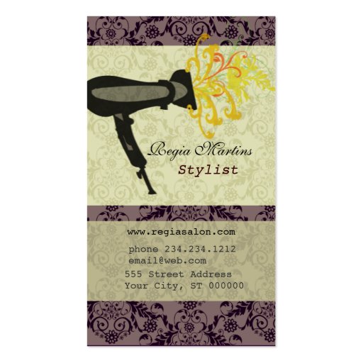 Salon Spa Hair Stylist Damask Hairdryer Business Card Template (front side)