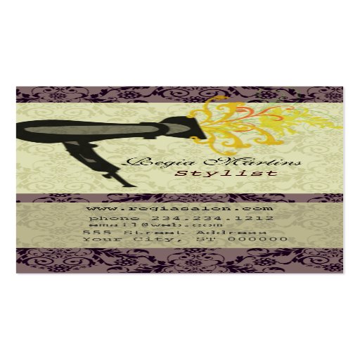 Salon Spa Hair Stylist Damask Hairdryer Business Card Template