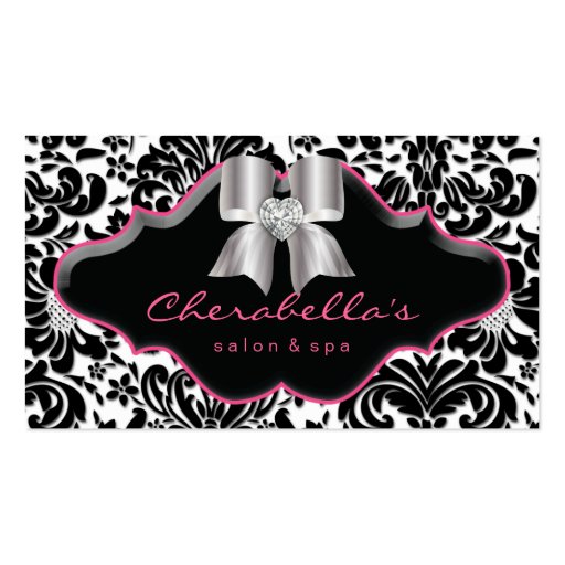 Salon Spa Jewelry Business Card Pink Damask Bow (front side)