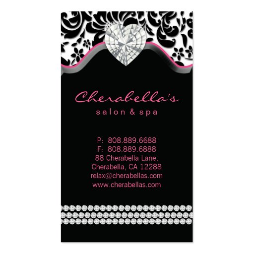 Salon Spa Jewelry Business Card Pink Damask Bow (back side)