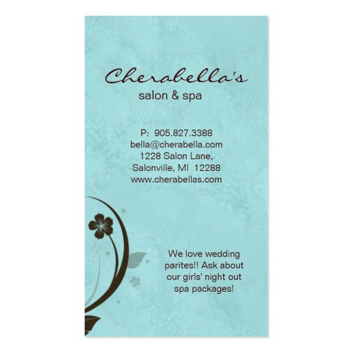 Salon Spa Watery Blue Floral Elegant Business Card Template (back side)